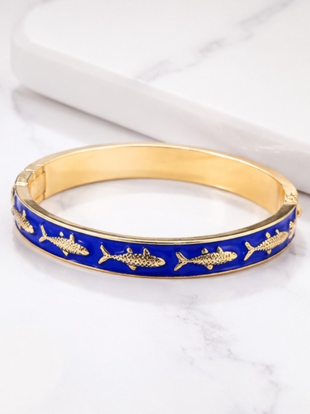 Gold tone & Blue Enamel Fish Sardine Motif Bangle Bracelet Jewelry